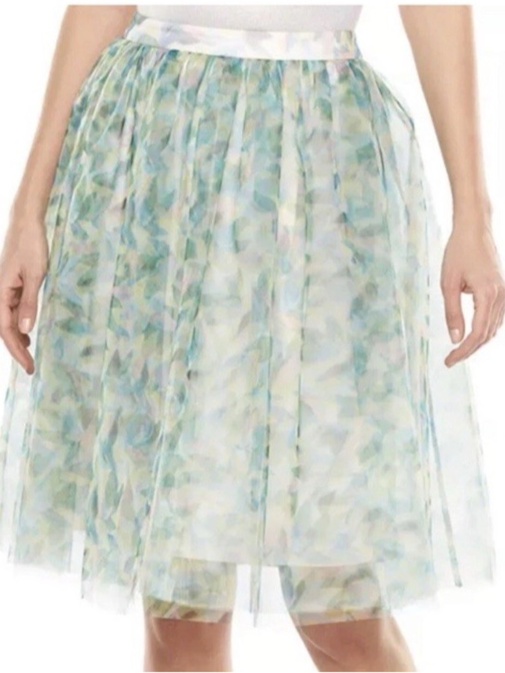 LC Lauren Conrad Pastel Blue-Green Floral Mesh Cinderella Midi Skirt